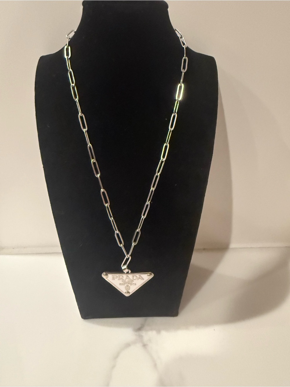 Upcycled Prada White Enamel Triangle Logo Pendant Necklace - Picture 6 of 6